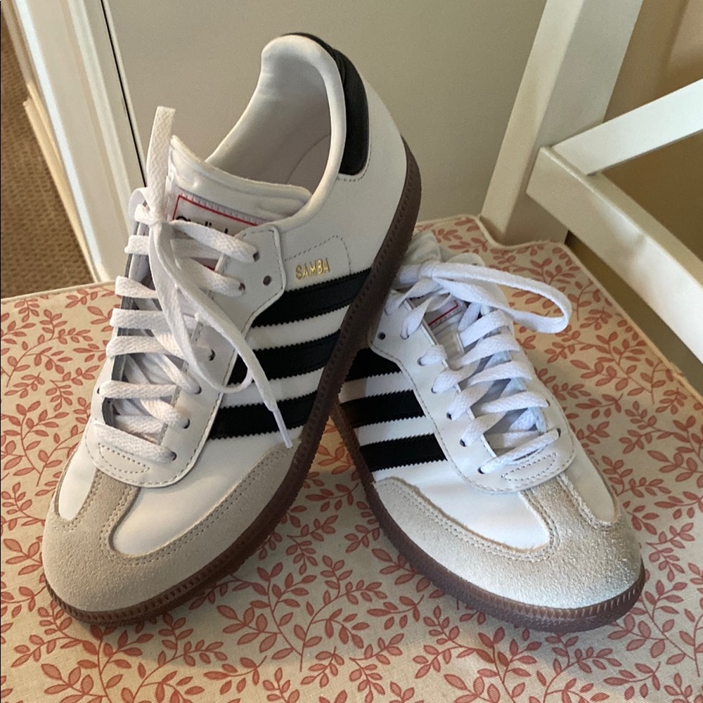 Unisex adidas Samba White and Black Athletic Shoes.
